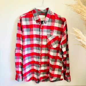WEATHERPROOF VINTAGE Red White Grey Classic Plaid Flannel Button Down Shirt XL